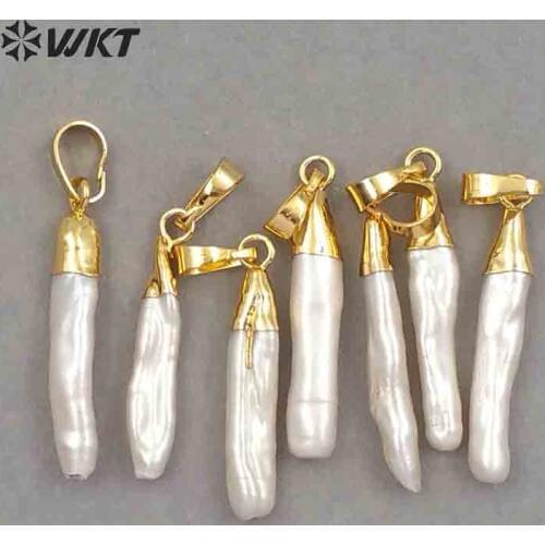 WT-P970 5pcs Wholesale Stick Pearl Pendant gold electroplated,Size 5*30mm Charm Pearl for Jewelry Making