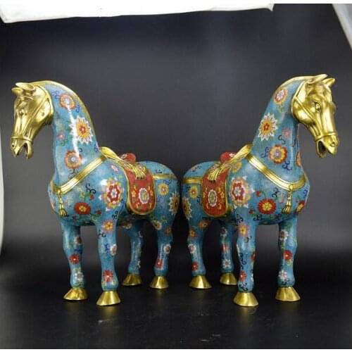 19.6" China Feng Shui bronze Cloisonne Enamel Zodiac Horse lucky statue Pair
