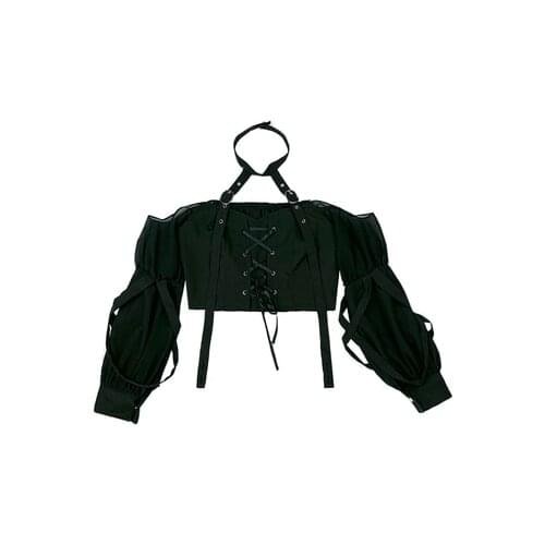 New Hot Girl Gothic Harajuku Rock Black Long Sleeve Bandage Splicing Fashion Punk Navel Revealing Kawaii Cool Girl Top Suit