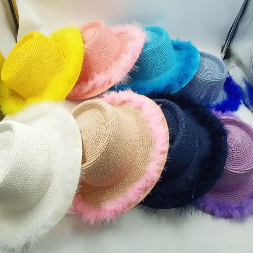 White terry woolen hat new feather top hat womens fedora hat wide-brimmed sun hat autumn and winter ladies retro wild jazz hat