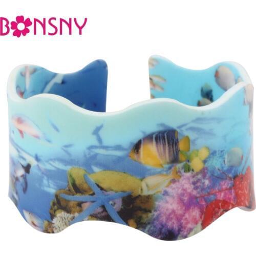 Bonsny Acrylic Fish Starfish Coral Pattern Wide Sea Bracelets Bangles Marine Jewelry For Women 2017 New Ocean Collection Bijoux
