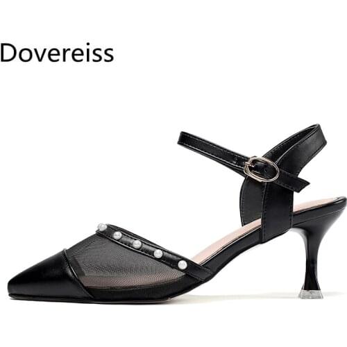 Dovereiss Fashion Womens Shoes summer Elegant Mesh sandals Pure color Mature Stilettos heels sandalias Party shoes Buckle 43