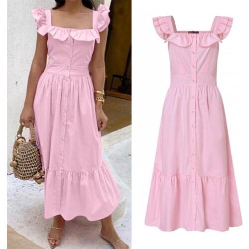 Elegant Straps Ruffle Dress Womens Summer Sundress 2021 ZANZEA Button Maxi Vestidos Femlae Square Neck Robe Femme Plus Size