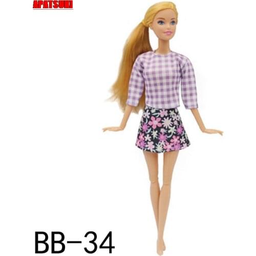 Purple Plaid Top Shirt & Floral Skirt For Barbie Doll Outfits Fashion Doll Clothes 1/6 Dolls Accessories Toys For Children