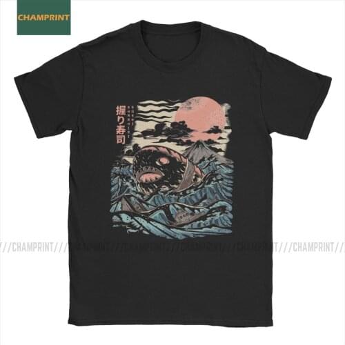 Mens T-Shirts Sharkiri Sushi Humor Pure Cotton Tee Short Sleeve Food Cute Japan Kawaii Sashimi Rice Nigiri Salmon Fish T Shirt