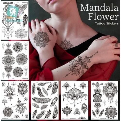 Rocooart Mandala Flower Henna India Tatoo Stickers Women Girl Big Arm Fake Tattoo Temporary Custom Black Feathers Tattoos Girls