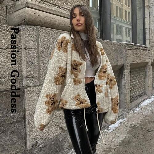 Cute Women Lambswool Jacket Bear Printed Fluffy Fuzzy Oversized OutCoats Harajuku Streetwear Zipper Warm Teddy Pockets Jackets