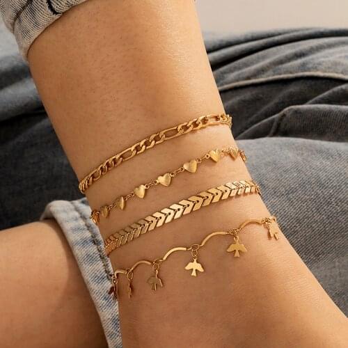 DIEZI Fashion Gold Color Multi layer Airplane Chain Anklets Set Women Girls Vintage Heart Birds Charm Anklet Bracelet Jewelry