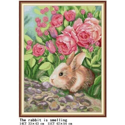 The rabbit is smelling flowers animal pattern cross stitch kit Aida 14CT 11CT count printing hand embroidery DIY needlework set