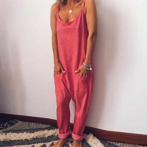 2019 New Fashion Women Jumpsuit Womens Casual Loose Strappy Bib Overalls Woman Summer Backless Pocket Trousers Rompers Playsuit