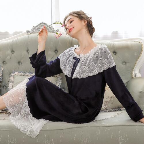 2020 Autumn Women Sexy Velvet Nightgowns Female Winter Fleece Lace Sweet Princess Nightdress Elegant Retro Sleepwear Home Dress