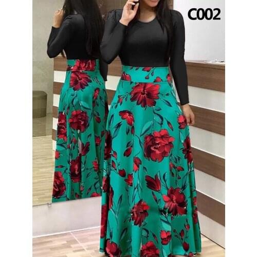 Xl Dress Autumn New Style 2021 Floral Sewing Long-sleeved Printing Color Matching Casual Party Elegant Sexy Long Skirt