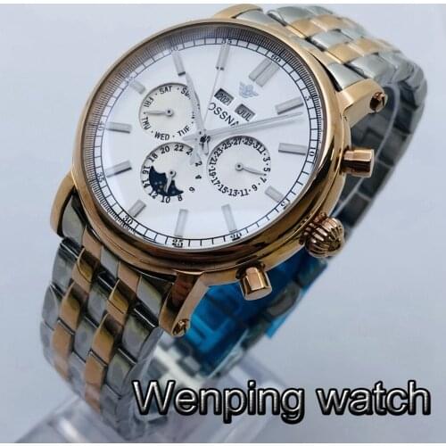 Ossna 42mm New Mens Top Classic Luxury Watch Rose Gold Case White Dial Date Moon Phase Multifunction Automatic Watch