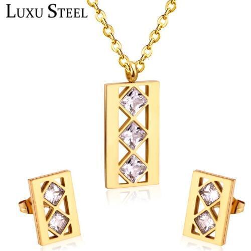 LUXUSTEEL Geometry Crystal Pendant Necklace Earrings Brinco Party Stainless Steel Collars Choker Accessories Wedding