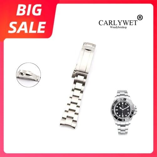 CARLYWET 20 21mm Silver Solid Curved End Steel Screw Links Watch Band Bracelet Glide Flip Lock Clasp For Rolex Oyster Deepsea