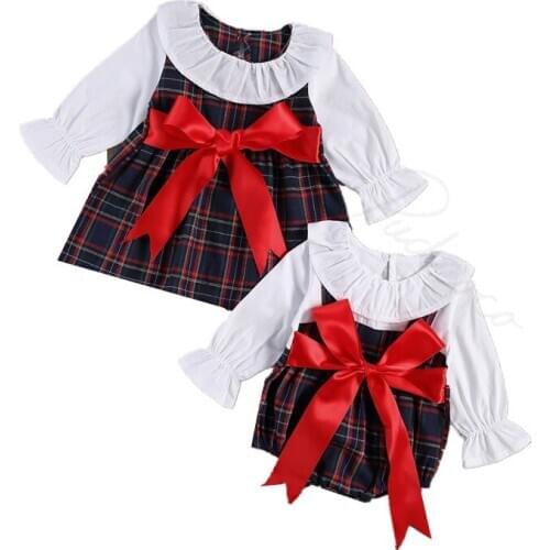 Christmas Sister Matching Outfits, Plaid Bowknot Peter Pan Collar Petal Sleeve Romper or Dress 0-5 Years Baby Girls Cute Clothes