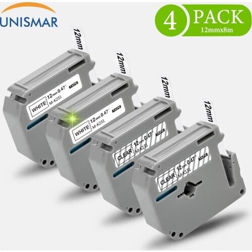 Unismar 4PCS MK131 MK231 12mm*8m Label Ribbon for Brother MK Tapes Black on White/Clear PT-80 PT-85 PT-90 PT-M95 PT-BB4 Printer