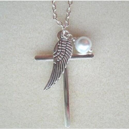 Vintage Cross Angel Wing Pearl Cluster Pendant Charm Amulet Chain Necklace Wicca Pagan Jewelry Gift