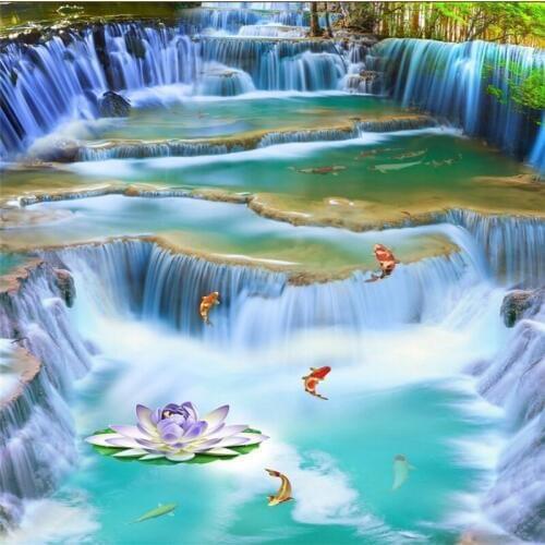 Beibehang Bedroom bathroom decoration 3D wallpaper floor Waterfall water lotus photo mural non-slip waterproof 3d wallpaper