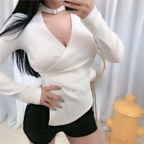 2021 New Arrival Autumn and Winter Shirt Womens Slim Pullover Sexy V-neck Hollow Long-sleeved Tops Cross Sweater Woman 16072