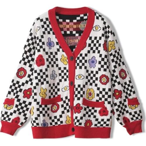 2020 Oversized Cardigan Women Winter Long Sleeve V Neck Knitted Sweater Jacquard Weave Plaid Clothes Designer Female Coat