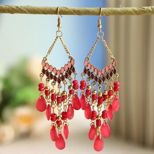 Bohemian Ethnic Flower Ladies Earrings for Women Boho Vintage Alloy Carved Beads Tassel Dangle Earrings Fashion Indian Jewelry
