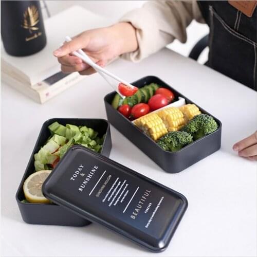 Double lunch box lunch box plastic breakfast dinner student food container black portable lunch box microwave heating 2000ml