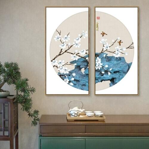 EECAMAIL Round Diamond Painting DIY Full Diamond Embroidery Magnolia Bird Double Painting Chinese Style Painting No Frame