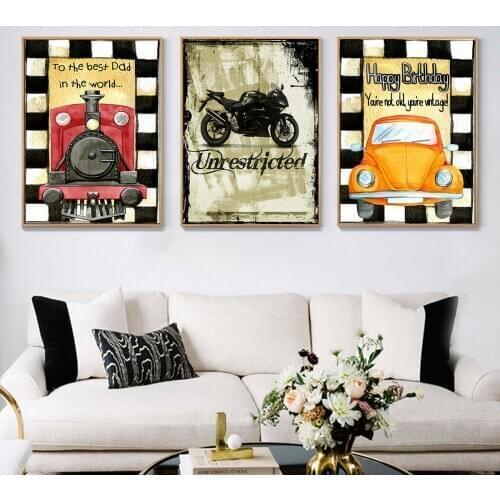 Oil Painting Retro Poster Car Train Motorcycle Picture Poster Canvas Print Painting Wall Art Living Room Home Decoration