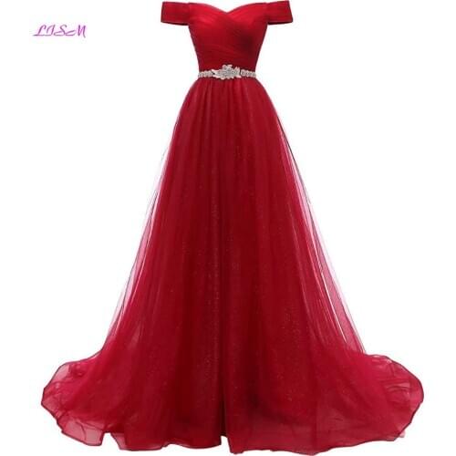Red A-Line Tulle Prom Dresses Off The Shoulder Formal Evening Gowns Beaded Sleeveless Tulle Long Party Dress 2021 Custom Made