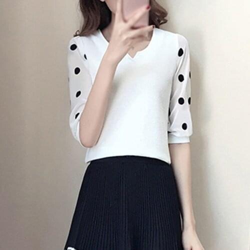 Summer Korean Style Literature Simple All-Match Slim Chiffon Dot Print Short-Sleeved Top T-Shirt