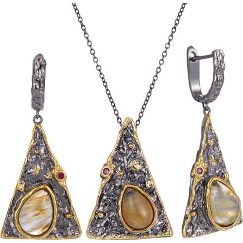New Look Women Pendant Necklace Earrings Set Pyramid Look Water Melon CZ Jewelry Black Gold Color