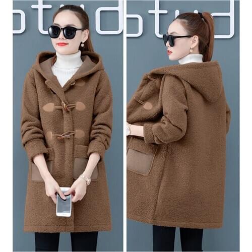 Lamb cashmere Overcoat female autumn winter cardigan new thickening plus velvet mid-length wide hooded horn mouth warm coat D263
