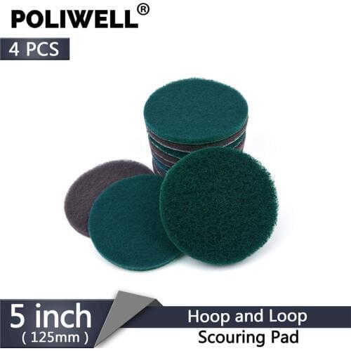 POLIWELL 4PCS 125mm Multipurpose Flocking Scouring Pad Industrial Heavy Duty Round Nylon Cloth for Kitchen Polishing Cleaning