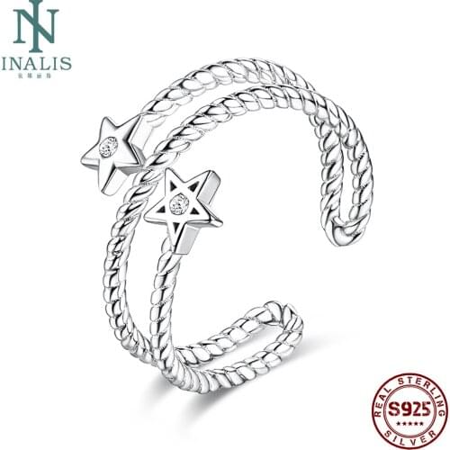 INALIS Adjustable Finger Ring For Women Inlay Cubic Zirconia Star S925 Sterling Silver Rings Double Twisted Rope Shape Jewelry