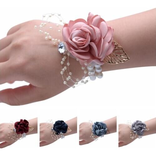 Rose Bridal Corsage Bridesmaid Wrist Flower Pearl Bead Wristband for Wedding Dancing Party Decor