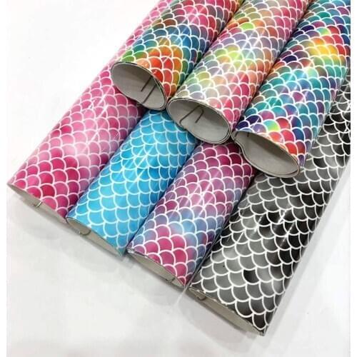 Fish Scale Mermaid Smooth Colorful PU Printed Faux Artificial Leather Fabric Sheet for Shoe/Bag/DIY Accessories/Hair Bow