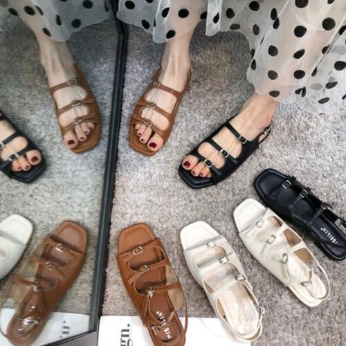 Gladiator Flat Sandals Ladies Summer Outdoor Fashion Leather Flat Shoes Round Toe Elegent Slipper Adjustable Buckle Strap Casual