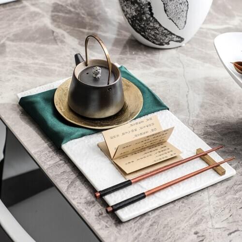 Modern New Chinese Tableware Set Model Room Green Dinner Plate Rectangular Pad Plate Chopsticks Chopstick Rest Brass Plate