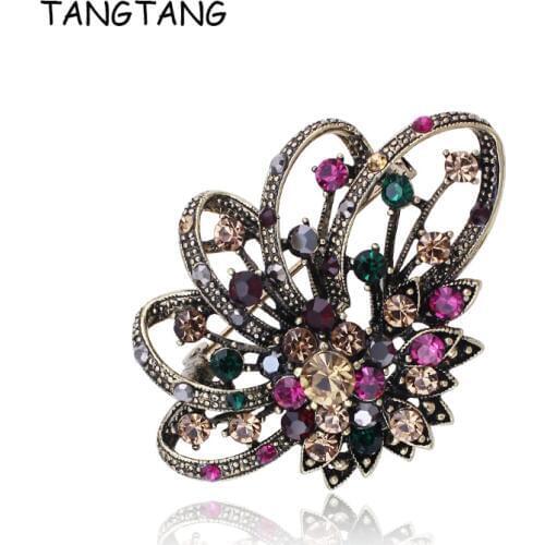 TANGTANG Brooch Pin Fashion Multicolor Rhinestone Brooch Vintage Antique Bronze Plated Jewelry Pins Colorful Flower Elegant Pins