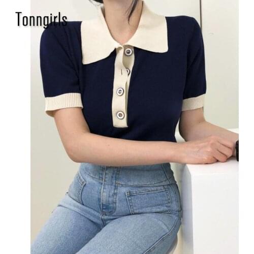 Tonngirls Button Up T-shirt Women Striped Short Sleeve Tops Casual Spliced Clothes Summer Korean Fashion Contrast Color Shirt