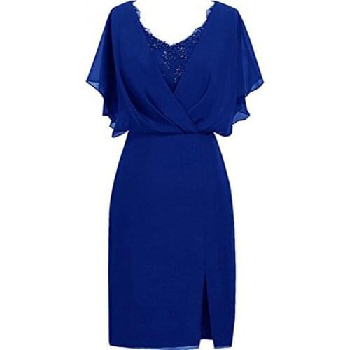 Vintage Mother of The Bride Dresses Sheath Short Sleeve Split Formal Evening Gown Knee-Length Chiffon Mother Dress for Weddings