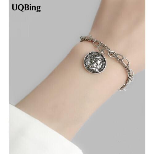 Solid 925 Sterling Silver Vintage Double Chain Portrait Charm Bracelets For Party Gifts Jewelry