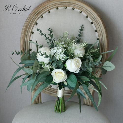 PEORCHID Green&White Wedding Bouquet Silk Roses Artificial Eucalyptus Bridal flower Bouquet Bride Decoration Ramo flores Novia