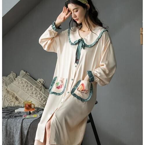 Nightdress Ladies Long Sleeve Rayon College Style Loose Korean Dress With Pocket Lapel Base Skirt Maternity Dress pijamas 2020