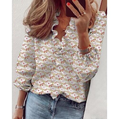 Woman Blouses Long Sleeve Ruffled Neck Pullover Shirt 2021 Hot Pineapple Printing Female Shirt Customize Design Dropshipping