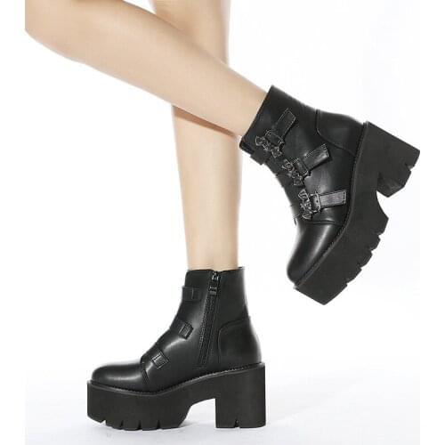 Metal Decoration Bat Buckle Boots Women Platform Heels Black Gothic Ankle Strap Belt Buckle Ladies Short Boots Plus Size 43