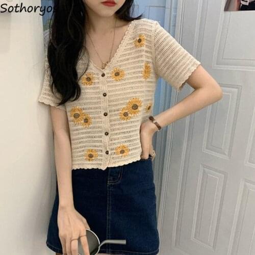 Women Cardigans Floral Embroidery Hollow Out Single Breasted Short Sleeve Stylish Wavy Sweet Teen Retro Crop Tops Lovely Knitted