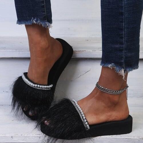 Women Fur Slippers Woman String Bead Flats Summer Slides Female Beach Shoes 2021 Ladies Casual Footwear