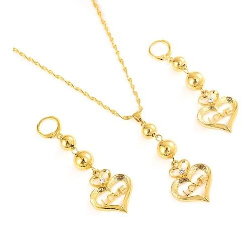 Women Romantic CZ Heart Love Crystal Statement Chokers Necklace Earring Set For Bridal Gold Color Wedding Dress Jewelry Sets